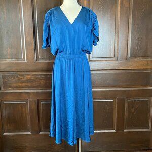 Ann Taylor Midi Dress V-Neck w/ Ties Short Sleeve Elastic Waist Teal Blue Size M